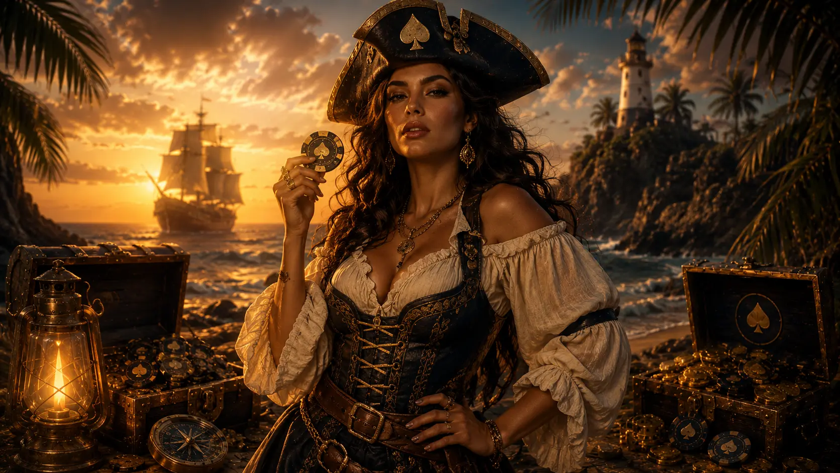Ambiance pirate de Tortuga Casino au coucher du soleil, galion au large et coffres d'or